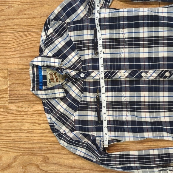 JNCO plaid button-down cotton shirt blue white zipper pockets skater, men's M - Picture 2 of 7